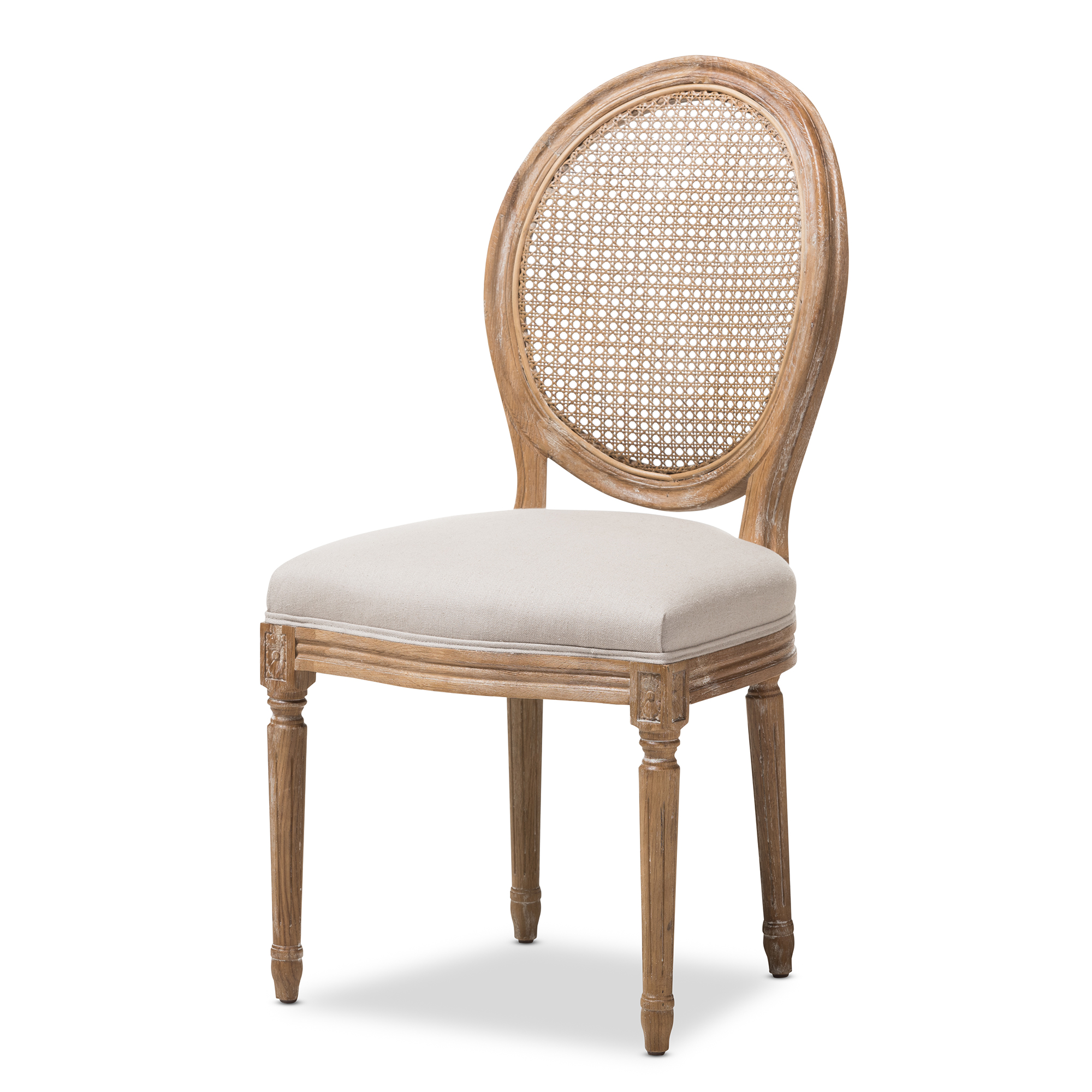 Baxton Studio Adelia French Vintage Cottage Weathered Oak Finish Wood and Beige Fabric Upholstered Dining Side Chair with Round Cane Back